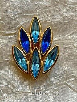 Vintage YVES SAINT LAURENT Clip-on Earrings Two tone Blue Navette Crystals 3.5