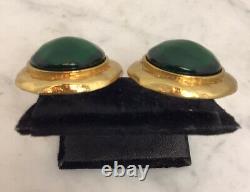 Vintage YVES SAINT LAURENT Gold Tone Green Lucite Clip On Earrings Rare France