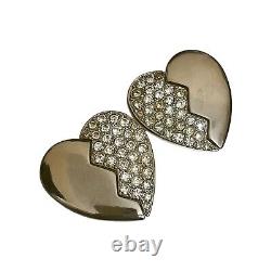 Vintage Yves Saint Laurent Silver Tone Heart Rhinestone Runway Clip Earrings