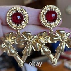 Vintage Yves St Laurent Red Gripoix Matte Gold Dangle Drop Clip On Earrings