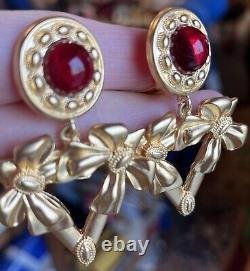 Vintage Yves St Laurent Red Gripoix Matte Gold Dangle Drop Clip On Earrings