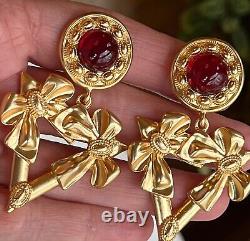 Vintage Yves St Laurent Red Gripoix Matte Gold Dangle Drop Clip On Earrings