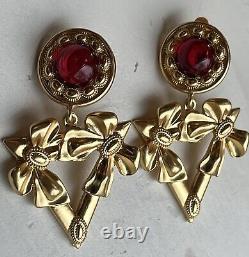 Vintage Yves St Laurent Red Gripoix Matte Gold Dangle Drop Clip On Earrings