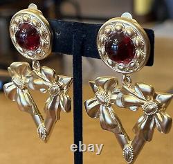 Vintage Yves St Laurent Red Gripoix Matte Gold Dangle Drop Clip On Earrings