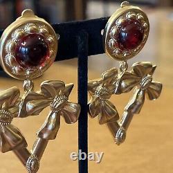 Vintage Yves St Laurent Red Gripoix Matte Gold Dangle Drop Clip On Earrings