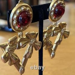 Vintage Yves St Laurent Red Gripoix Matte Gold Dangle Drop Clip On Earrings