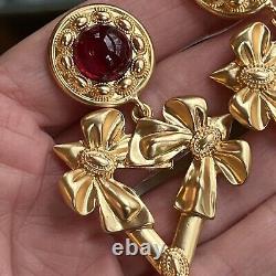 Vintage Yves St Laurent Red Gripoix Matte Gold Dangle Drop Clip On Earrings