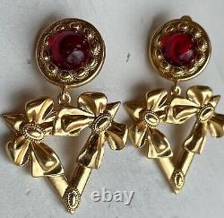 Vintage Yves St Laurent Red Gripoix Matte Gold Dangle Drop Clip On Earrings