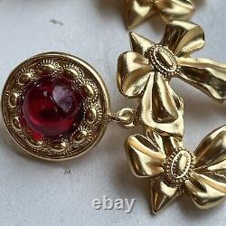 Vintage Yves St Laurent Red Gripoix Matte Gold Dangle Drop Clip On Earrings