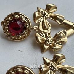 Vintage Yves St Laurent Red Gripoix Matte Gold Dangle Drop Clip On Earrings