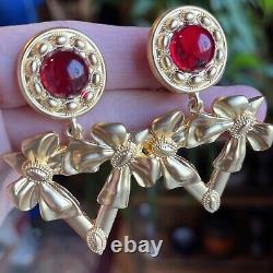 Vintage Yves St Laurent Red Gripoix Matte Gold Dangle Drop Clip On Earrings