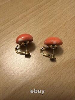 Vintage gold-plated red coral ear clips! 5.2grm