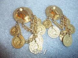 Vintage lady Cameo Coin Clip Back Earrings drop dangle Estate 3 inch