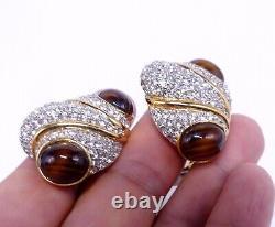 Vintage signed Ciner gold tone faux tiger eye cabochon rhinestone clip earrings