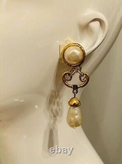Vintage signed Fendi dangling faux pearl and logo clip earrings