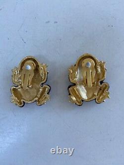 Vintage signed frog earrings Yosca clip on burgundy enamel rhinestones