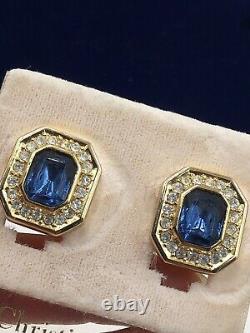 Vntg Rare Christian Dior Signed France Clip Earrings Blue Sapphire Clr Gold New