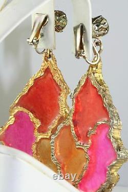 Vtg 1960's Or 1970's Huge Runway Dangling Hot Pink Orange Lucite Clip Earrings