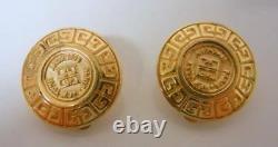 Vtg 70s Givenchy Front Logo Big Medallion Gold Tone Clip On Earrings Chunky Rare
