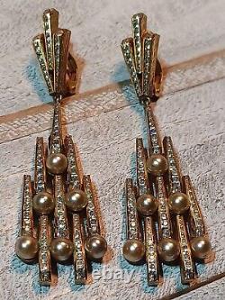 Vtg Antique Art Deco Paste Glass & Pearl French Drop Dangle Gold Clip Earrings