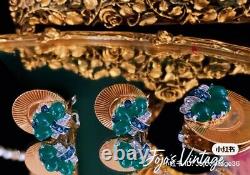 Vtg BOUCHER Art Deco Green & Clear Rhinestone Clip Earrings & Pin Brooch Set