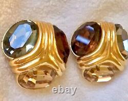 Vtg CINER EARRINGS 24k Gold Plated 3 Lg CRYSTALS Clip Ons Exl't Cond STUNNING