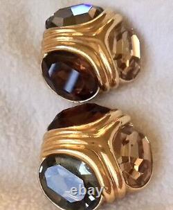 Vtg CINER EARRINGS 24k Gold Plated 3 Lg CRYSTALS Clip Ons Exl't Cond STUNNING