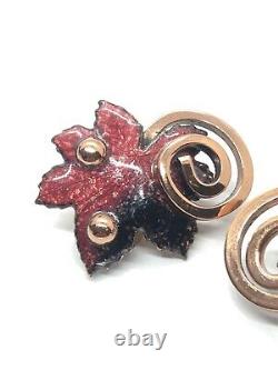 Vtg Copper Earrings Clip Signed Matisse Renoir Leaf Maple Modernist Red Enamel