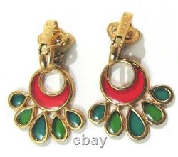 Vtg Crown TRIFARI Gold Stained Gass Earrings Plique A Jour Clip On Dangle Red