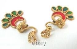 Vtg Crown TRIFARI Gold Stained Gass Earrings Plique A Jour Clip On Dangle Red