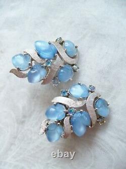 Vtg Crown Trifari A. Philippe blue moonstone fruit salad rhinestone clip earring