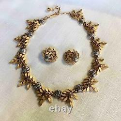 Vtg. Crown Trifari Two Tone Leaf Necklace & Matching Clip On Earrings