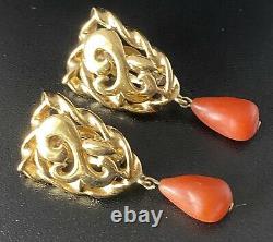 Vtg Designer Givenchy Coral Beaded Clip on Earrings Gold Runway Signed Jewelry