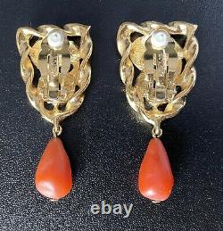 Vtg Designer Givenchy Coral Beaded Clip on Earrings Gold Runway Signed Jewelry