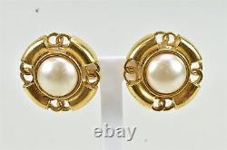 Vtg Estate Chanel Faux Baroque Pearl Gold Tone Clip Earrings 1994 Round France