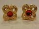 Vtg GIVENCHY Red Gripoix Poured Glass Style Cabochon Gold Tone Clip Earrings