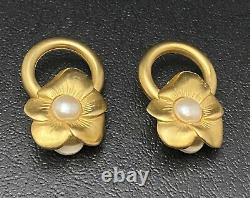 Vtg Givenchy Floral Clip On Earrings Pearl Flower Gold Designer Estate Jewelry
