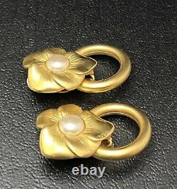 Vtg Givenchy Floral Clip On Earrings Pearl Flower Gold Designer Estate Jewelry