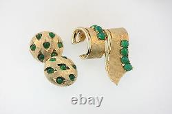 Vtg Gold Tone Signed Boucher 6711 Jade Green Glass Cabs Brooch Clip Earrings Set