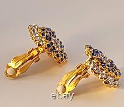Vtg Jbk Jacqueline Kennedy Sapphire Blue Crystals Gold Plated Clip Earrings-new