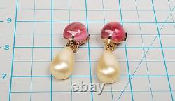 Vtg KENNETH LANE Pink Glass Cabochon Faux Pearl Dangle Gold Tone Clip-on Earring