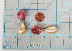 Vtg KENNETH LANE Pink Glass Cabochon Faux Pearl Dangle Gold Tone Clip-on Earring