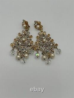 Vtg KJL Chandelier Earrings Clip on 1960 Pearl Clear Gray Rhinestone
