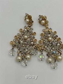 Vtg KJL Chandelier Earrings Clip on 1960 Pearl Clear Gray Rhinestone