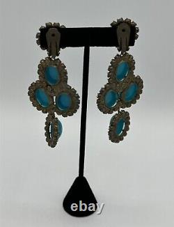 Vtg KJL Chandelier Earrings Clip on Early 1960's Blue Cabochon Rhinestone Dangle