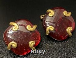 Vtg Liz Claiborne Mogul Red Gripoix Glass Clip On Earrings Etruscan Runway Rare