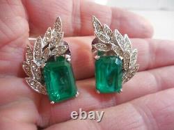 Vtg Marvella Art Deco Green Gripoix-Style Glass Rhinestone Clip Earrings