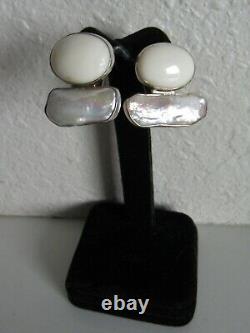Vtg. Rebecca Collins Alaskan Coral & Biwa Pearl Sterling Silver Clip On Earrings