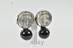 Vtg Rebecca Collins Sterling 925 Etched Crystal Quartz Onyx Clip Earrings