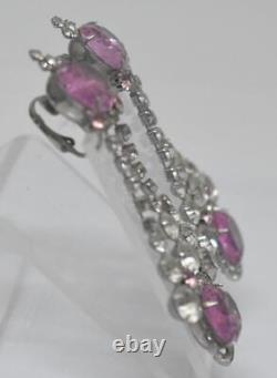 Vtg Signed KENNETH LANE Pink & Clear Rhinestone Ornate Drop Dangle Clip Earrings